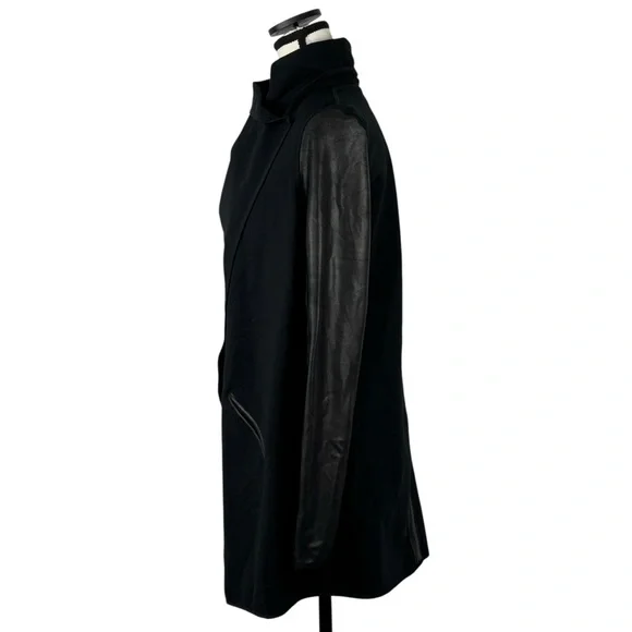 Spanx Black Asymmetrical Draped Jacket XS Faux Leather Sleeve Moto Chic Edgy - Picture 3 of 13